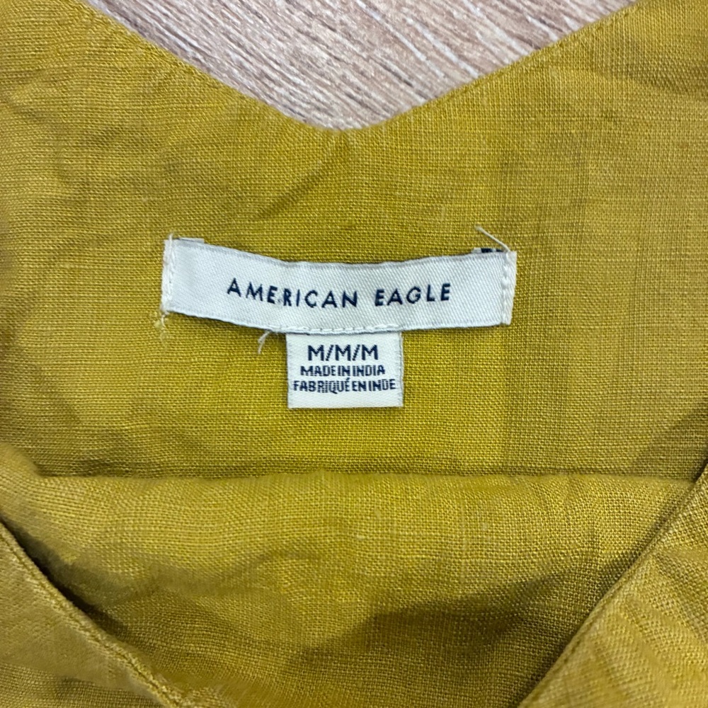 American Eagle Outfitters gold Puff Sleeve Peplum linen Blouse medium - Picture 3 of 6